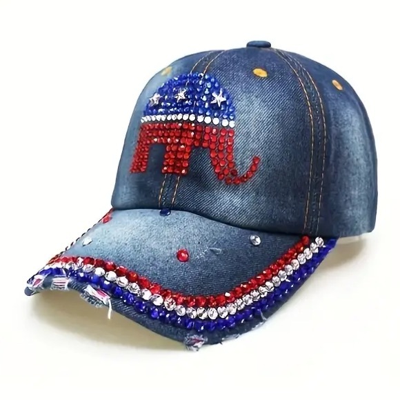 🇺🇸Stylish Blingy Slightly Distressed Rhinestone Republican Elephant Denim Cap! - Picture 1 of 6